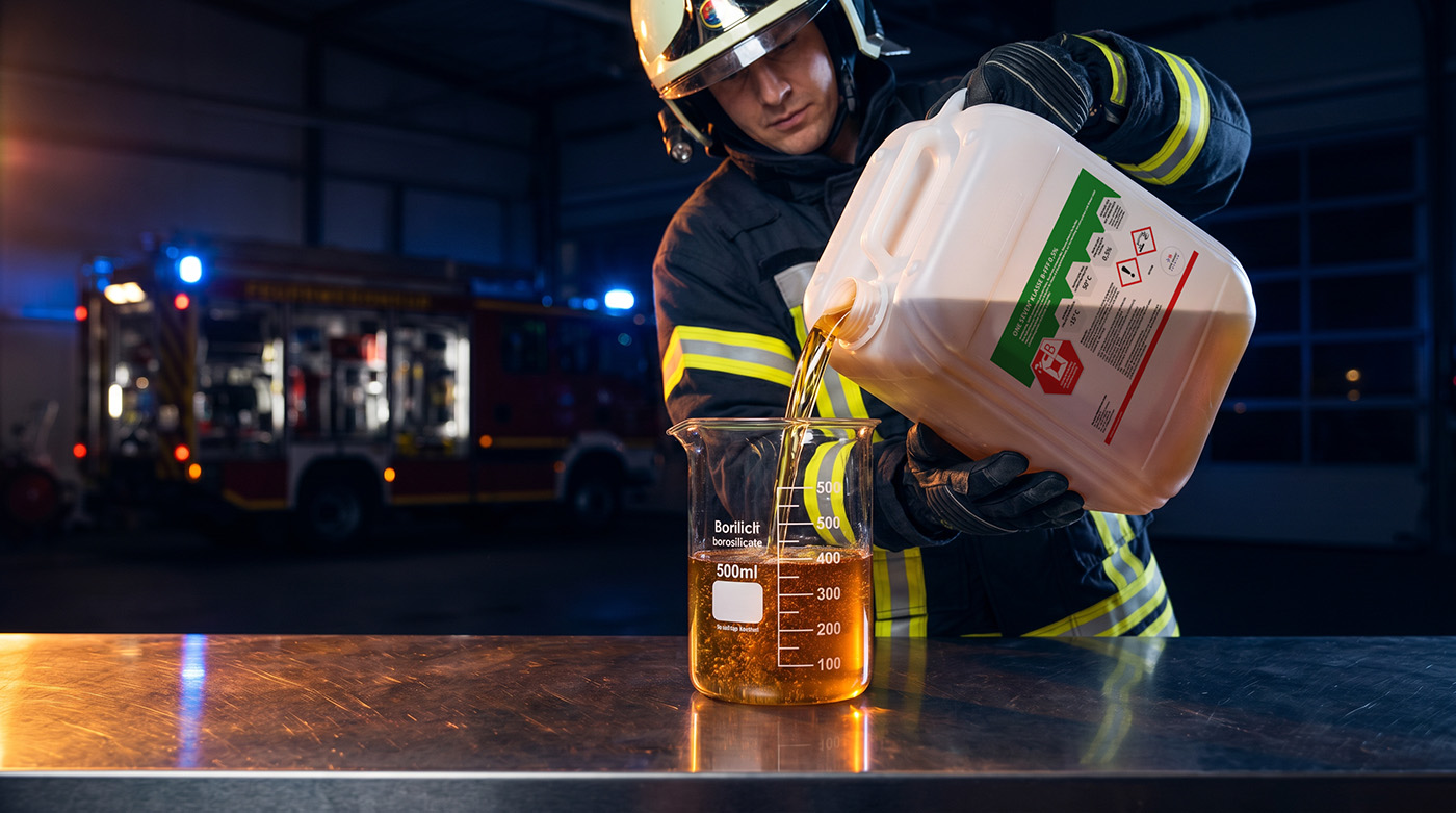 Feuerwehrmann füllt Schaummittel aus einem Kanister in ein Messglas